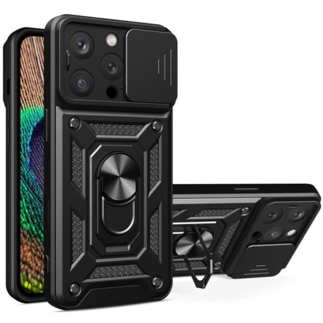 Θήκη iPhone 16 Pro Bodycell Armor Slide Ανθεκτική με Κάλυμμα για την Κάμερα & Μεταλλικό Ring Holder Black