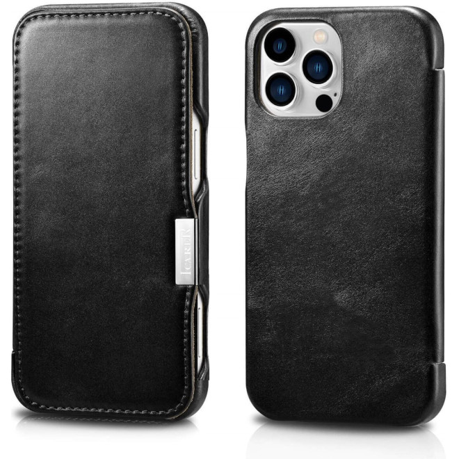 Θήκη iPhone 16 Pro iCarer Vintage Series Side-Open Flip Σκληρή Δερμάτινη με MagSafe Black