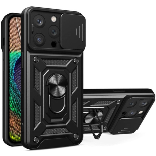 Θήκη iPhone 16 Pro Max Bodycell Armor Slide Ανθεκτική με Κάλυμμα για την Κάμερα & Μεταλλικό Ring Holder Black