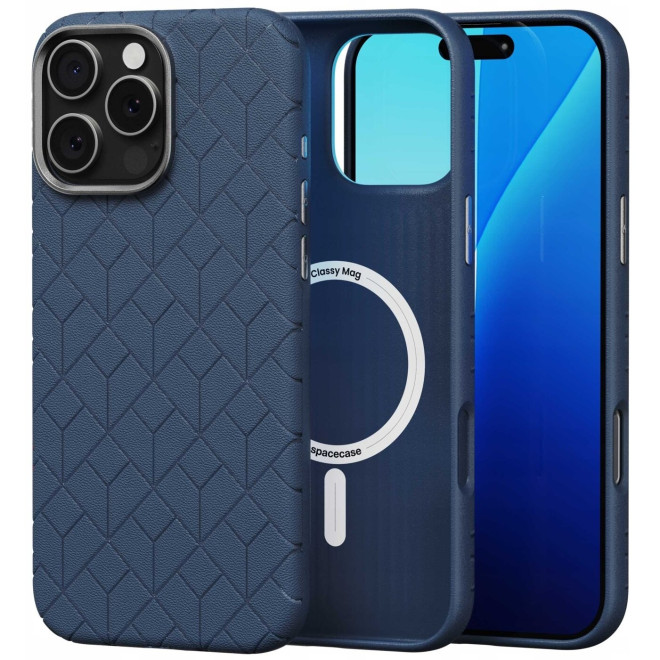 Θήκη iPhone 16 Pro Max Spacecase Classy Mag Σκληρή από Οικολογικό Δέρμα με MagSafe Dark Blue