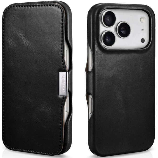Θήκη iPhone 17 Pro iCarer Vintage Series Side-Open Flip Σκληρή Δερμάτινη με MagSafe Black
