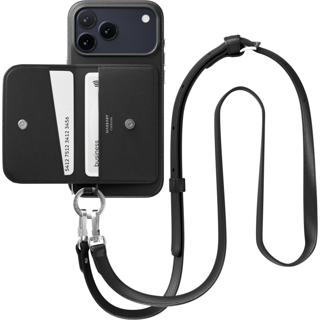 Θήκη iPhone 17 Pro Max MagEasy Pouch M με MagSafe / Αποσπώμενο Πορτοφόλι & Λουράκι Λαιμού Black