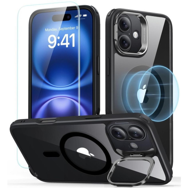Θήκη & Αντιχαρακτικό Γυαλί Προστασίας Apple iPhone 16 - ESR Classic Hybrid HaloLock with Stash Stand Σετ Ανθεκτική MagSafe & Tempered Glass Οθόνης με KickStand - Clear / Black