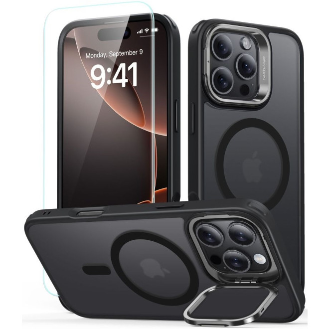 Θήκη & Αντιχαρακτικό Γυαλί Προστασίας Apple iPhone 16 Pro - ESR Classic Hybrid HaloLock with Stash Stand Σετ Ανθεκτική MagSafe & Tempered Glass Οθόνης με KickStand - Frosted Black 