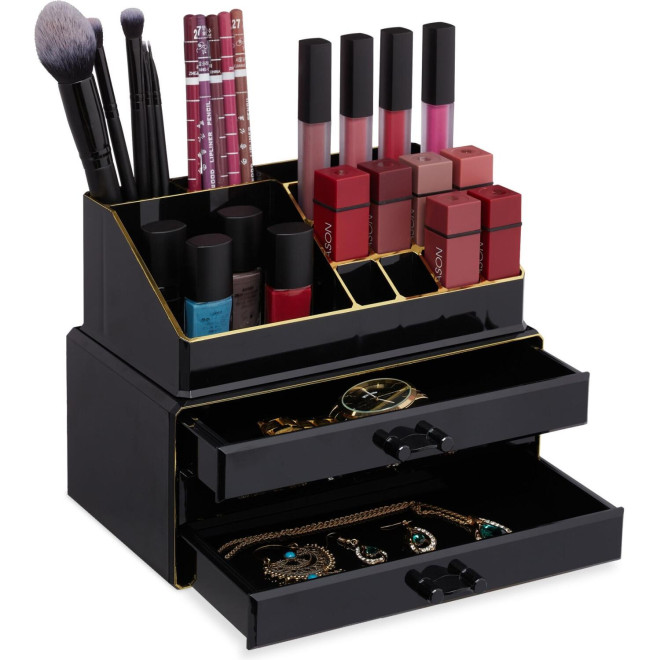 Θήκη Οργάνωσης Καλλυντικών Relaxdays Makeup Organiser και Μακιγιάζ με 3 Ράφια από Ακρυλικό Black / Gold