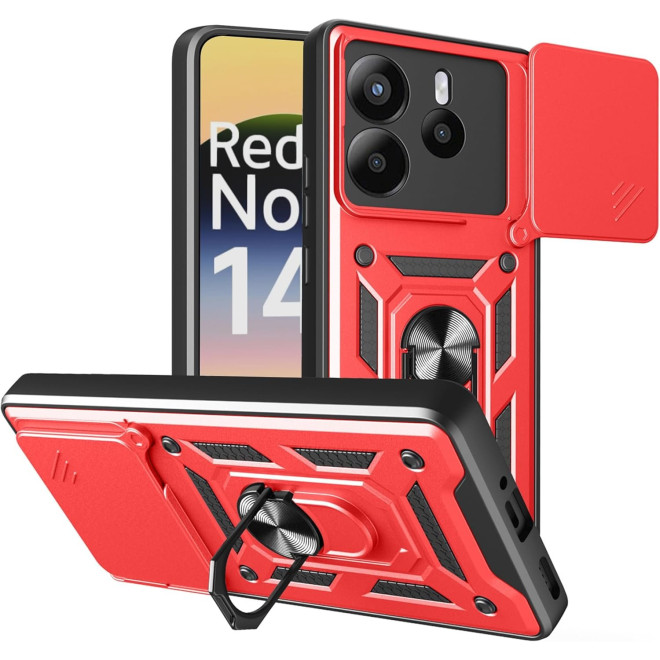 Θήκη Xiaomi Redmi Note 14 4G Bodycell Armor Slide Ανθεκτική με Κάλυμμα για την Κάμερα & Μεταλλικό Ring Holder Red 