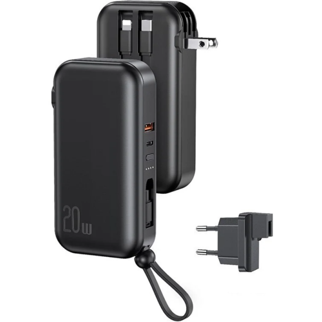 Usams 3 in 1 PB63 US-CD172 - PowerBank 10.000 mAh με Ενσωματωμένα Καλώδια Type-C / Lightning / MicroUSB - Ταχυφορτιστής Τοίχου με Βύσμα EU & US και Θύρες 1 x Type-C / 1 x USB-A - 20W - Black