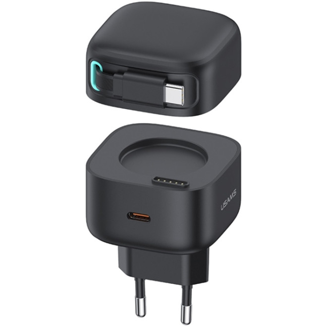 Usams XMF Series Dual GaN Fast Charger - Ταχυφορτιστής Τοίχου με 1 x Θύρα Type-C / 1 x Μαγνητικό Επεκτεινόμενο Καλώδιο Type-C - 80cm - 35W - Black
