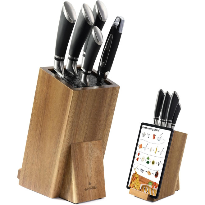Βάση Μαχαιριών Navaris Knife Block από Ξύλο Ακακίας με Βάση για Smartphone / Tablet έως 10" Brown