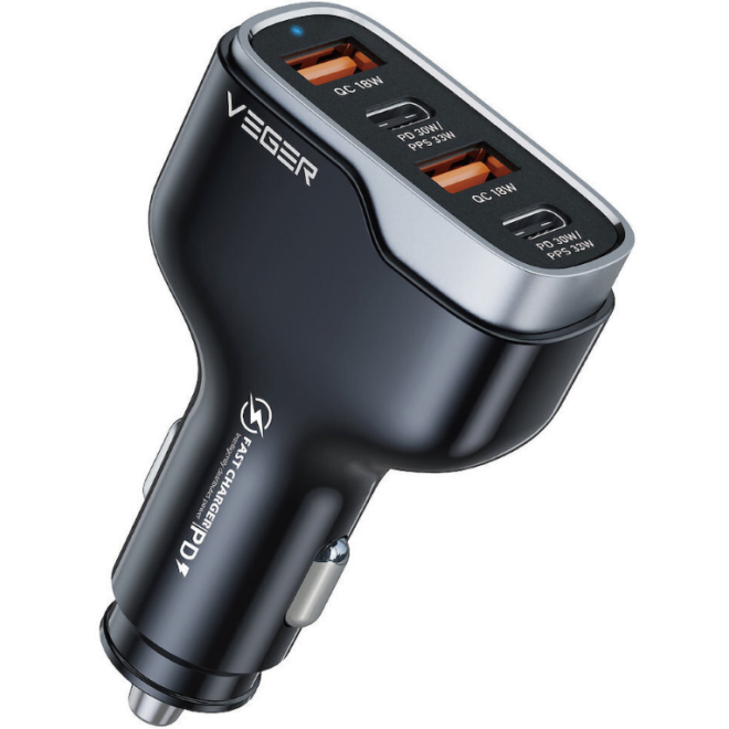 Veger CC53 Quad PD Fast Car Charger - Γρήγορος Φορτιστής Αυτοκινήτου με 2 x USB-A / 2 x Type-C - 66W - Black
