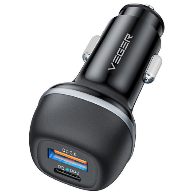 Veger CC62-1A1C Dual Port Fast Car Charger - Γρήγορος Φορτιστής Αυτοκινήτου με 1 x USB-A / 1 x Type-C - 51W - Black