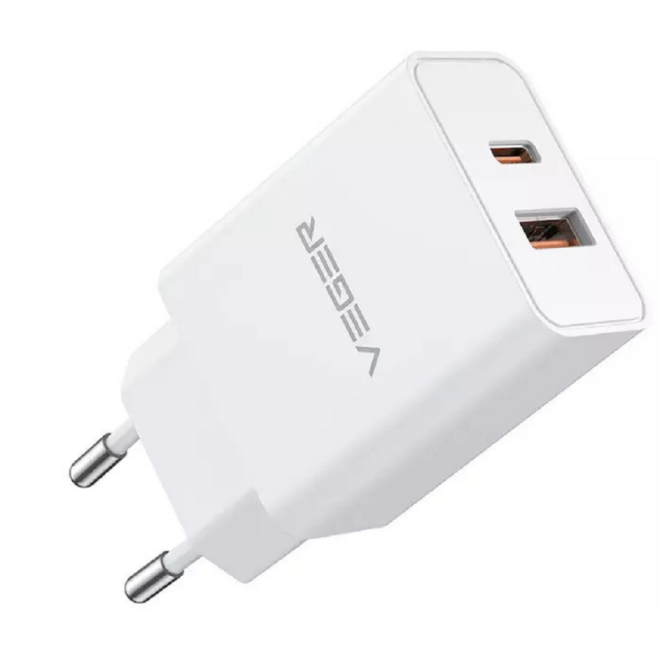 Veger Fast Charger - Ταχυφορτιστής Ταξιδιού / Αντάπτορας Με 1x Type-C / 1 x USB-A - 30W - White