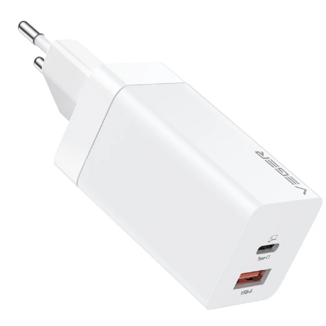 Veger Fast Charger - Ταχυφορτιστής Ταξιδιού / Αντάπτορας Με 1x Type-C / 1 x USB-A - 65W - White