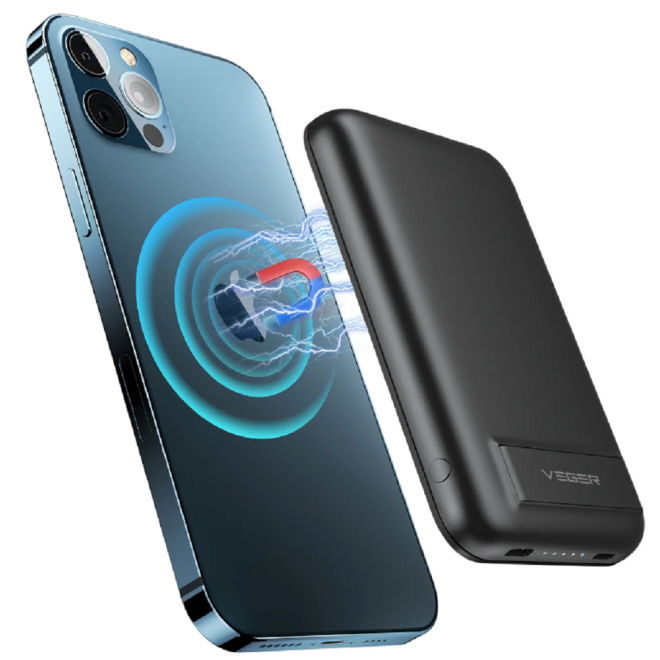 Veger MagOn Kick Tiny Magnetic Wireless PowerBank με 1 x Type-C- 20W - 5000mAh / Βάση Ασύρματης Φόρτισης MagSafe 15W - Black
