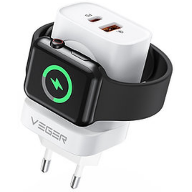 Veger Panel PD Multifunctional Wall Charger / Fast Adapter - 3 σε 1 Πολυλειτουργικός Ταχυφορτιστής Τοίχου / Φορτιστής Apple Watch / Αντάπτορας Με 1x Type-C / 1 x USB-A - 20W - White