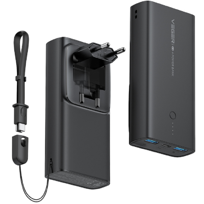 Veger PowerBank & Wall Adapter - Φορητή Μπαταρία Φόρτισης με Καλώδιο Type-C / Φορτιστής Τοίχου με 2 x USB-Α / 1 x Type-C - 10000mAh - 20W - Black