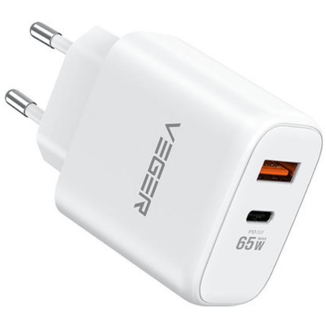 Veger TC650 Fast Charger - Ταχυφορτιστής Ταξιδιού / Αντάπτορας Με 1x Type-C / 1 x USB-A - 65W - White