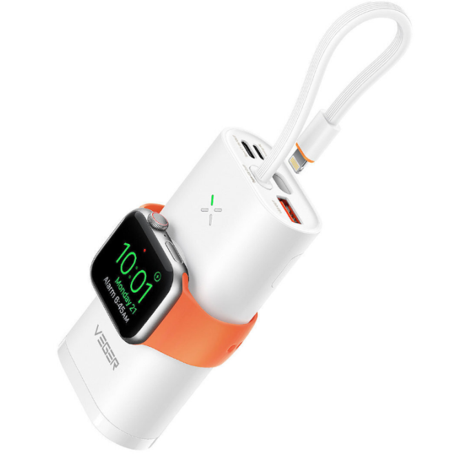 Veger W1162S Mini Fast Charger PowerBank MagFan - Φορητή Μπαταρία Φόρτισης με Kickstand - 10000 mAh με 2 x Type-C / 1 x USB-A - 25W / Ασύρματος Φορτιστής Apple Watch - 2.5W / Καλώδιο Type-C σε Lightning - White