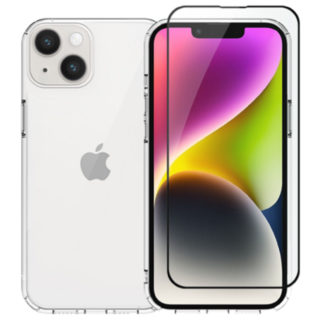 Vivid Σετ Διάφανη Θήκη Σιλικόνης & Full Face Tempered Glass - Apple iPhone 14 Plus - Transparent / Black