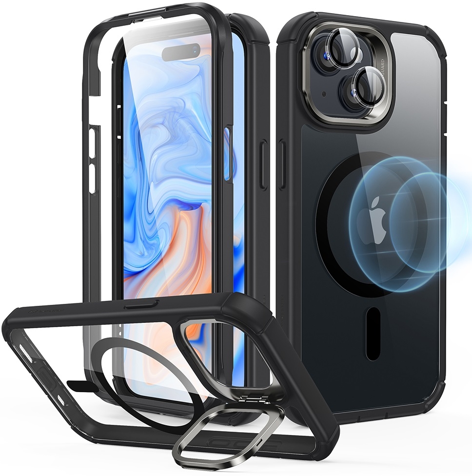 ESR Armor Tough with Stash Stand HaloLock - Ανθεκτική 360° Διάφανη MagSafe Θήκη με Kickstand & Tempered Glass για Φακό Κάμερας - Apple iPhone 15 - Clear / Black