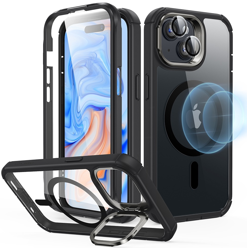 ESR Armor Tough with Stash Stand HaloLock - Ανθεκτική 360° Διάφανη MagSafe Θήκη με Kickstand & Tempered Glass για Φακό Κάμερας - Apple iPhone 15 Plus - Clear / Black