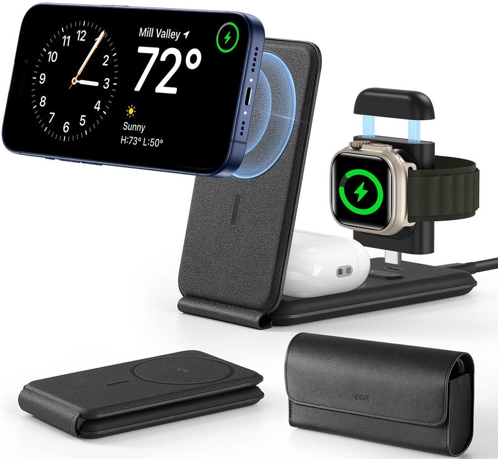 ESR HaloLock Qi2 3-in-1 Travel Wireless Charging Set - Σετ Αναδιπλούμενη Φορητή Μαγνητική Βάση Ασύρματης Φόρτισης MagSafe για Apple iPhone / AirPods / Αποσπώμενο Μαγνητικό Φορτιστή Type-C για Apple Watch & Θήκη Μεταφοράς - 15W - Black