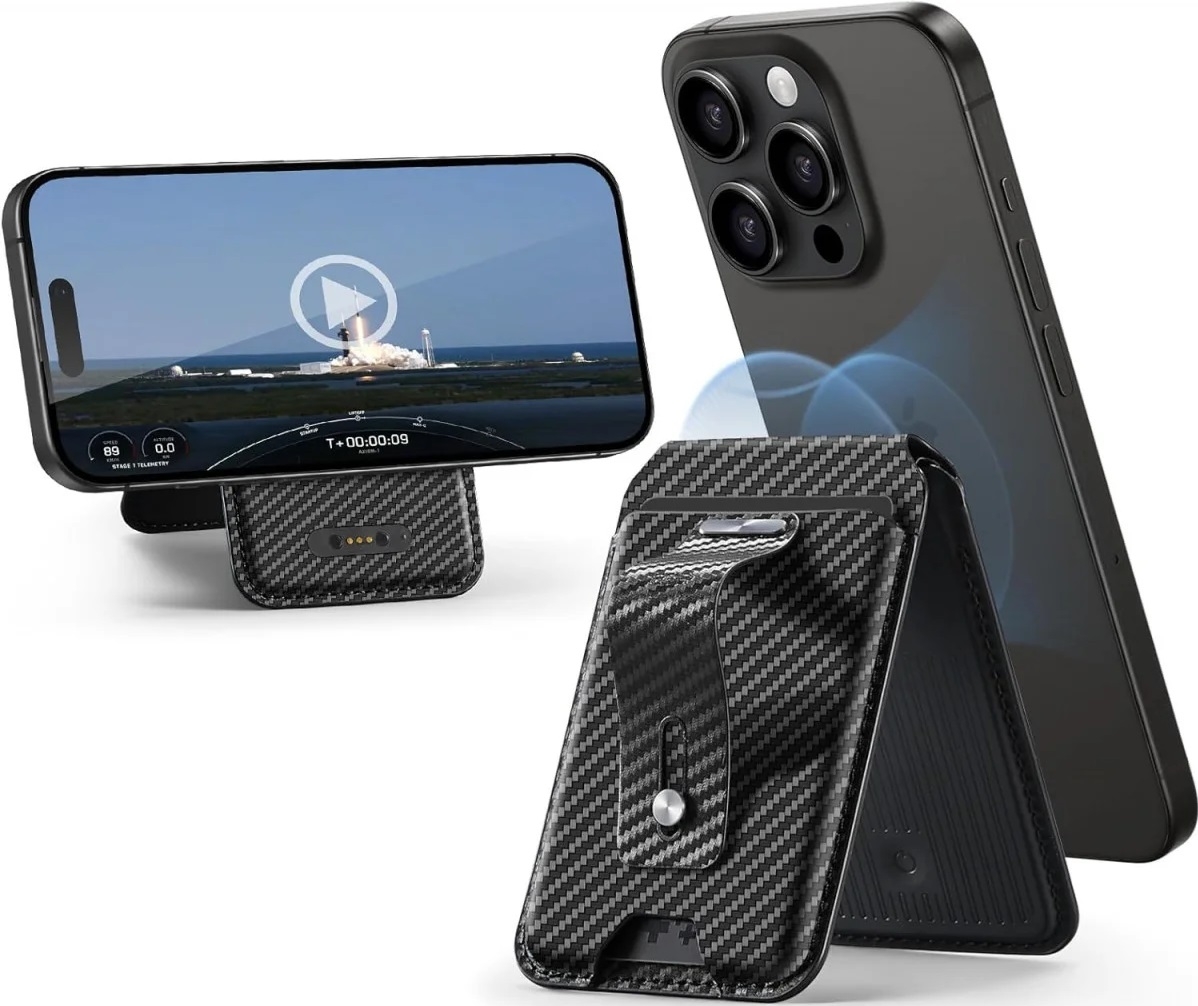 ESR HaloLock Geo Wallet Stand - MagSafe Θήκη Πορτοφόλι για Κάρτες με Συμβατότητα Apple Find My & Αναδιπλούμενη Βάση με Finger Holder - Carbon Fiber