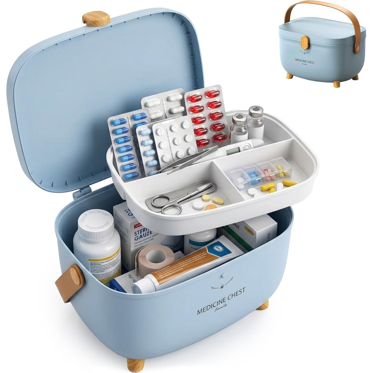 Φαρμακείο Πρώτων Βοηθειών Relaxdays Medicine Box με Θήκες & Χερούλι 18 x 28 x 20 cm Light Blue / Light Brown