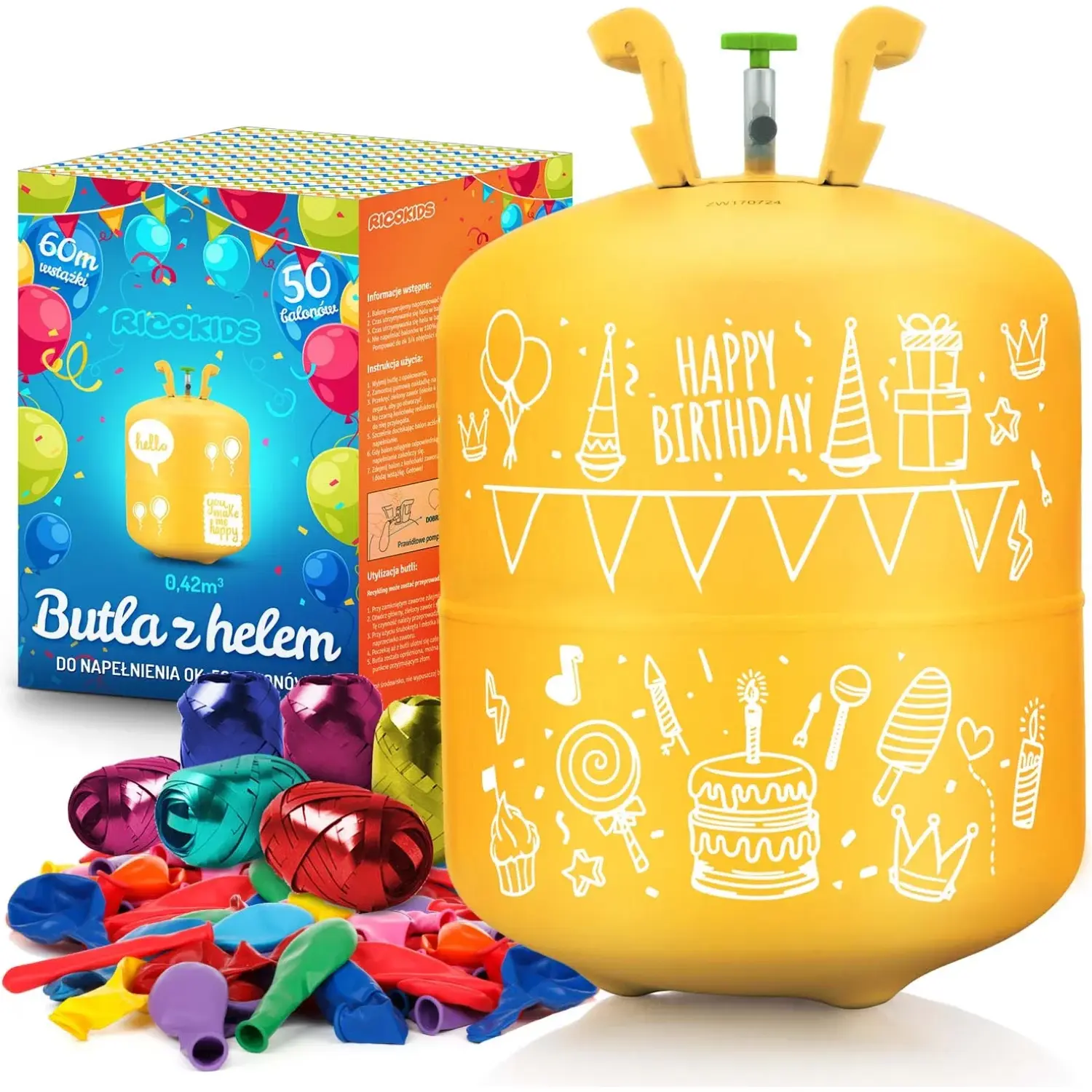 Φιάλη Ηλίου για Μπαλόνια Ricokids Helium Cylinder με 50 Πολύχρωμα Μπαλόνια και 60m Κορδέλα - Yellow (5908220477273)