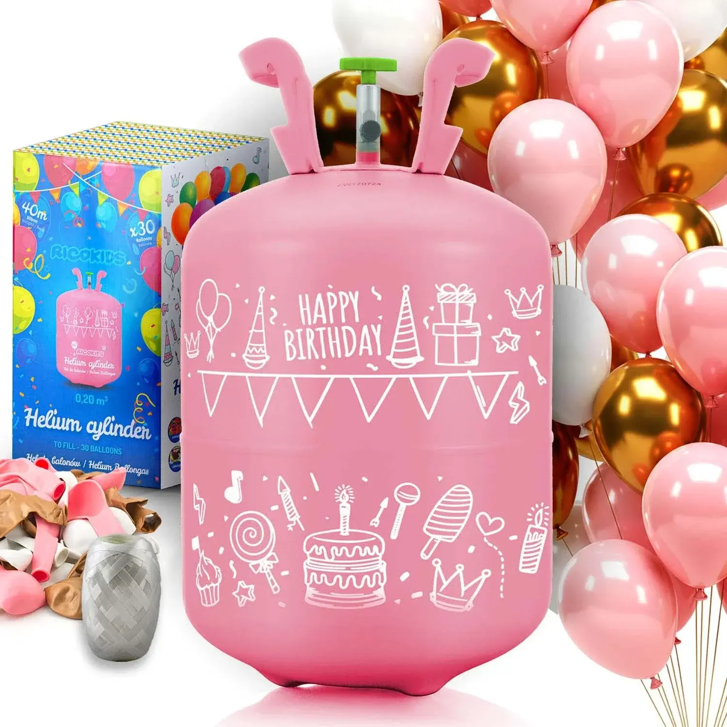 Φιάλη Ηλίου για Μπαλόνια Ricokids Helium Cylinder με 30 Μπαλόνια και 40m Κορδέλα - Pink (5903890626457)