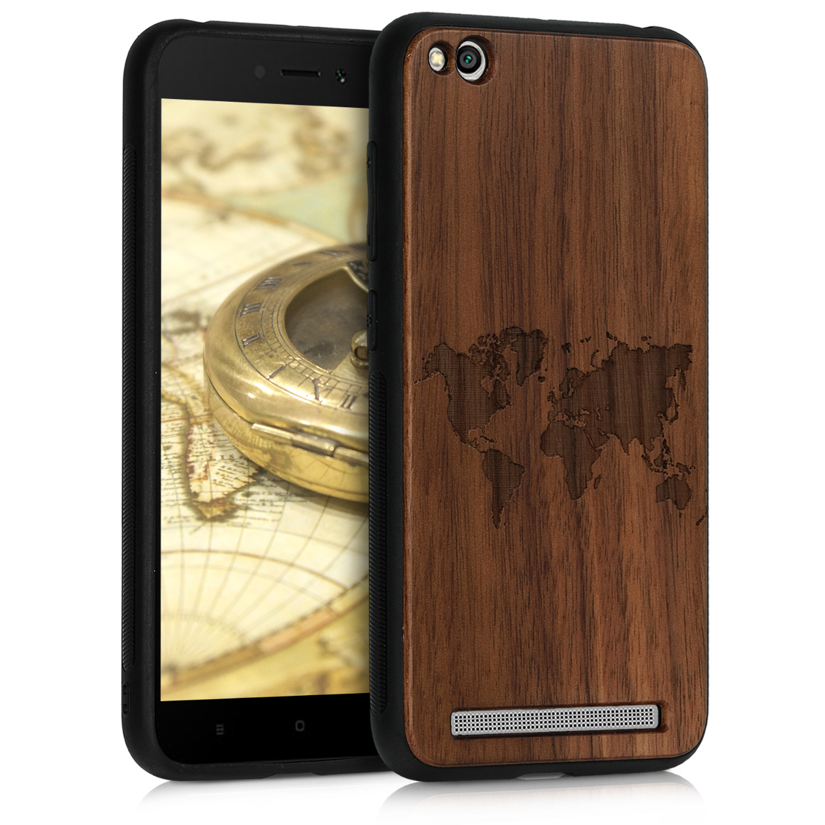 KW Ξύλινη Θήκη Xiaomi Redmi 5A - World Map - Dark Brown 