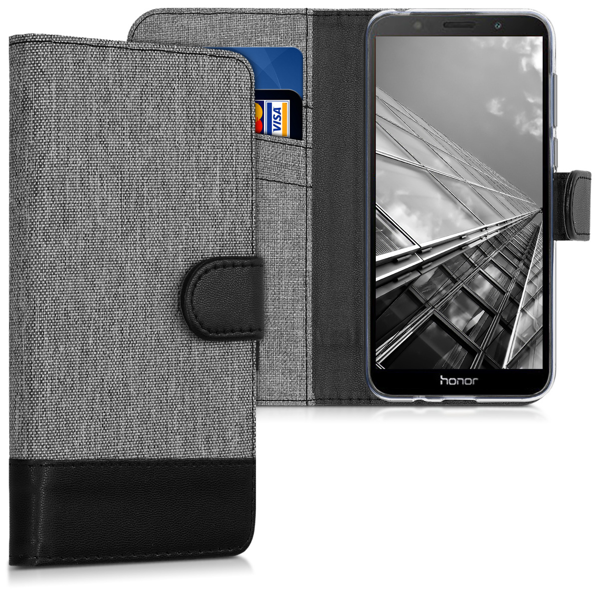 KW Θήκη - Πορτοφόλι Huawei Honor 7S - Grey / Black Canvas
