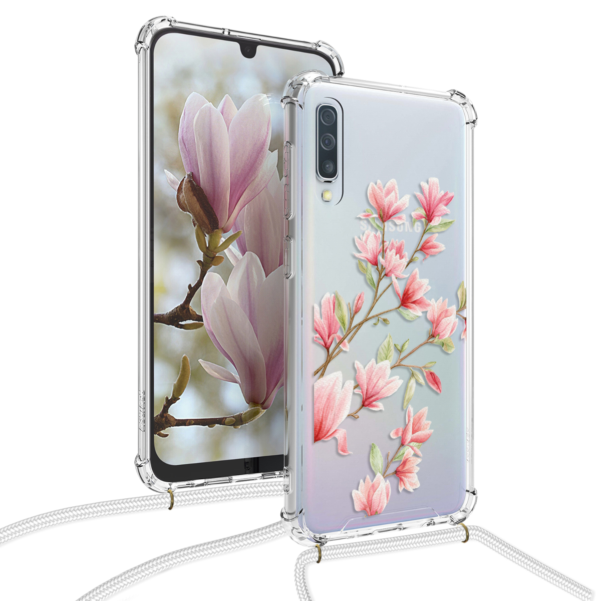 KW Θήκη Σιλικόνης με Λουράκι Samsung Galaxy A50 - Transparent / Pink Magnolias