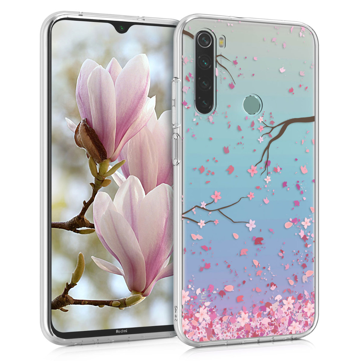 KW Θήκη Σιλικόνης Xiaomi Redmi Note 8 / Note 8 2021 - Cherry Blossoms - Light Pink / Dark Brown / Transparen