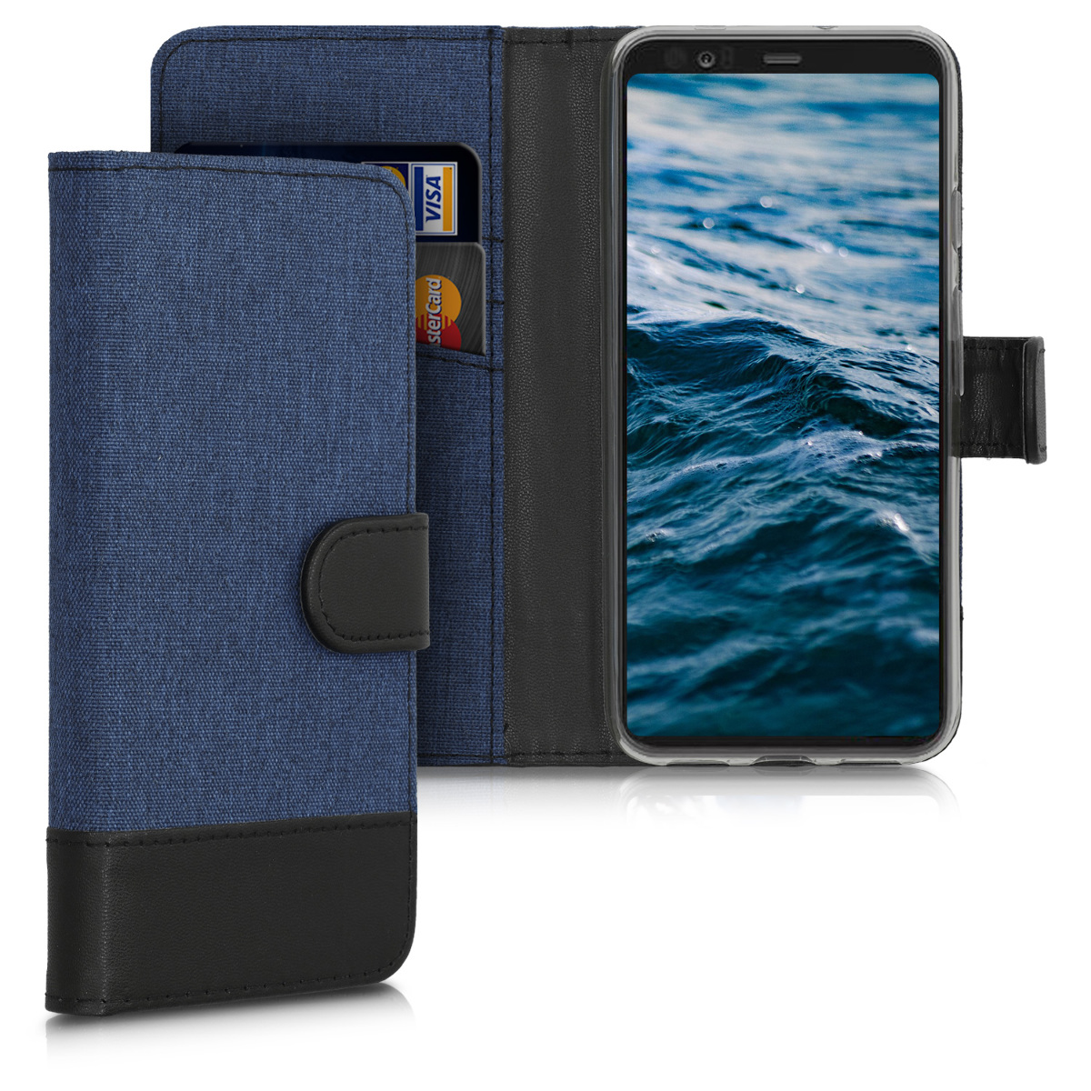 KW Θήκη - Πορτοφόλι Google Pixel 4 - Fabric and PU Leather Flip Cover - Dark Blue / Black