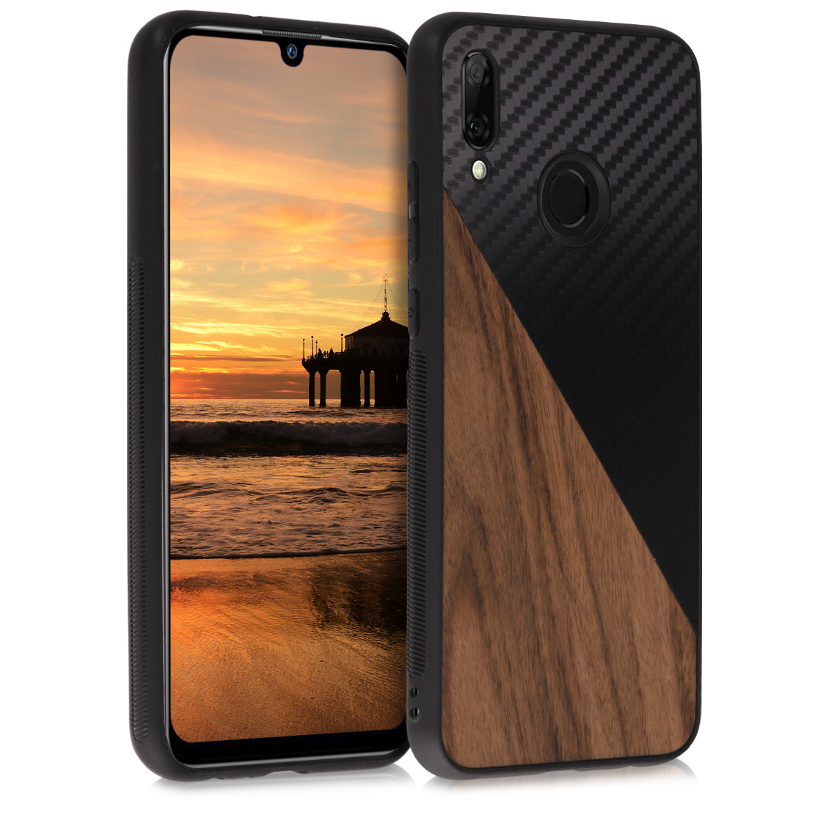KW Σκλήρη Θήκη Huawei P Smart 2019 - TPU Bumper and Wood / Carbon Fiber - Dark Brown / Black