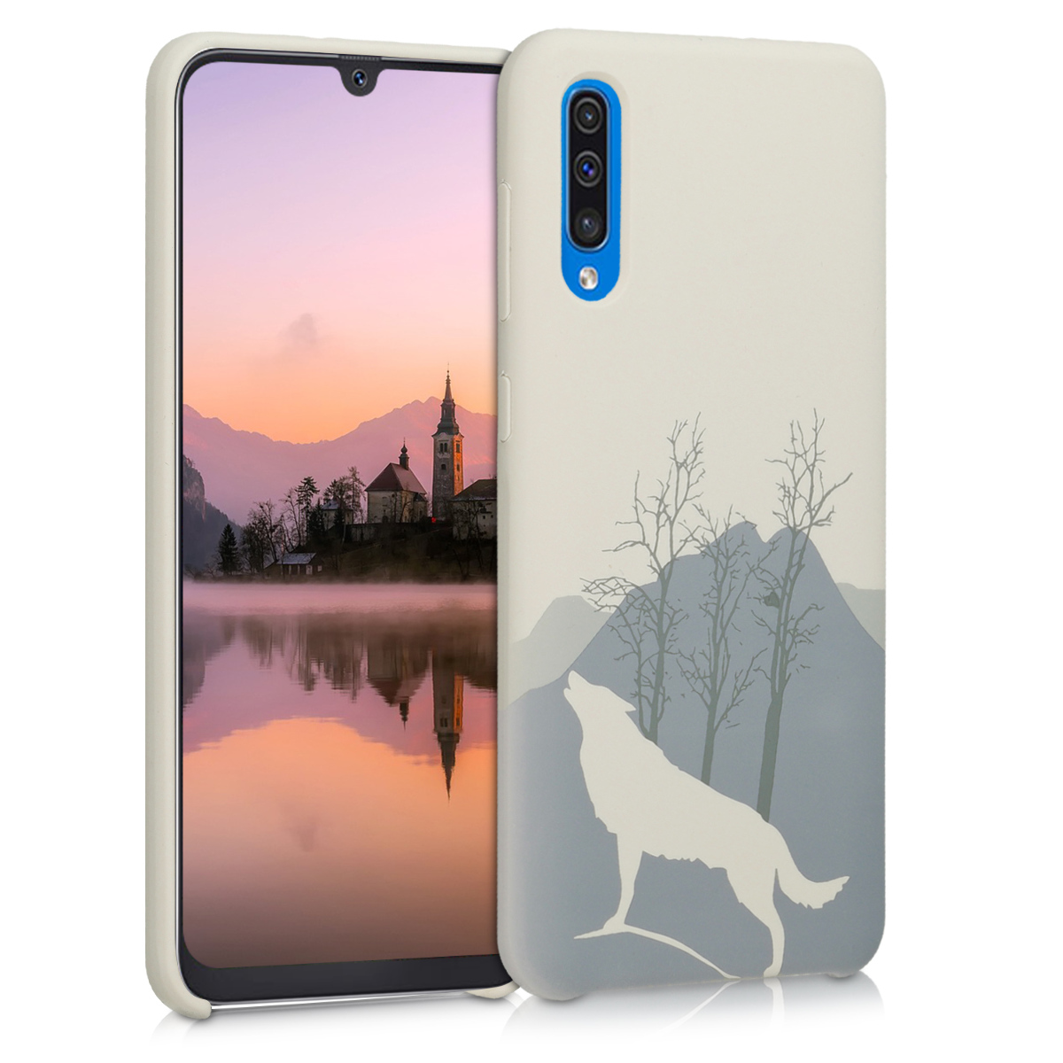 KW Θήκη Σιλικόνης Samsung Galaxy A50 - Engraved Wolf - Light Grey