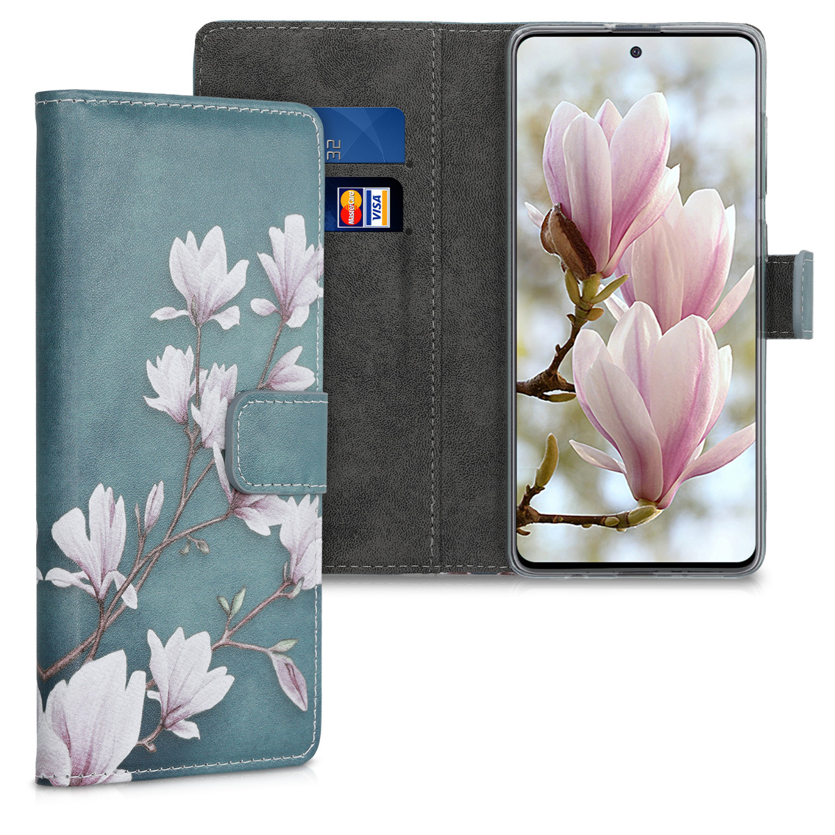 KW Θήκη - Πορτοφόλι Samsung Galaxy A51 - PU Leather Protective Flip Cover - Magnolias - Taupe / White / Blue Grey