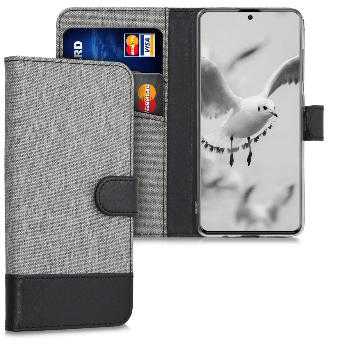 KW Θήκη - Πορτοφόλι Samsung Galaxy A51 - Fabric and PU Leather Flip Cover - Grey / Black