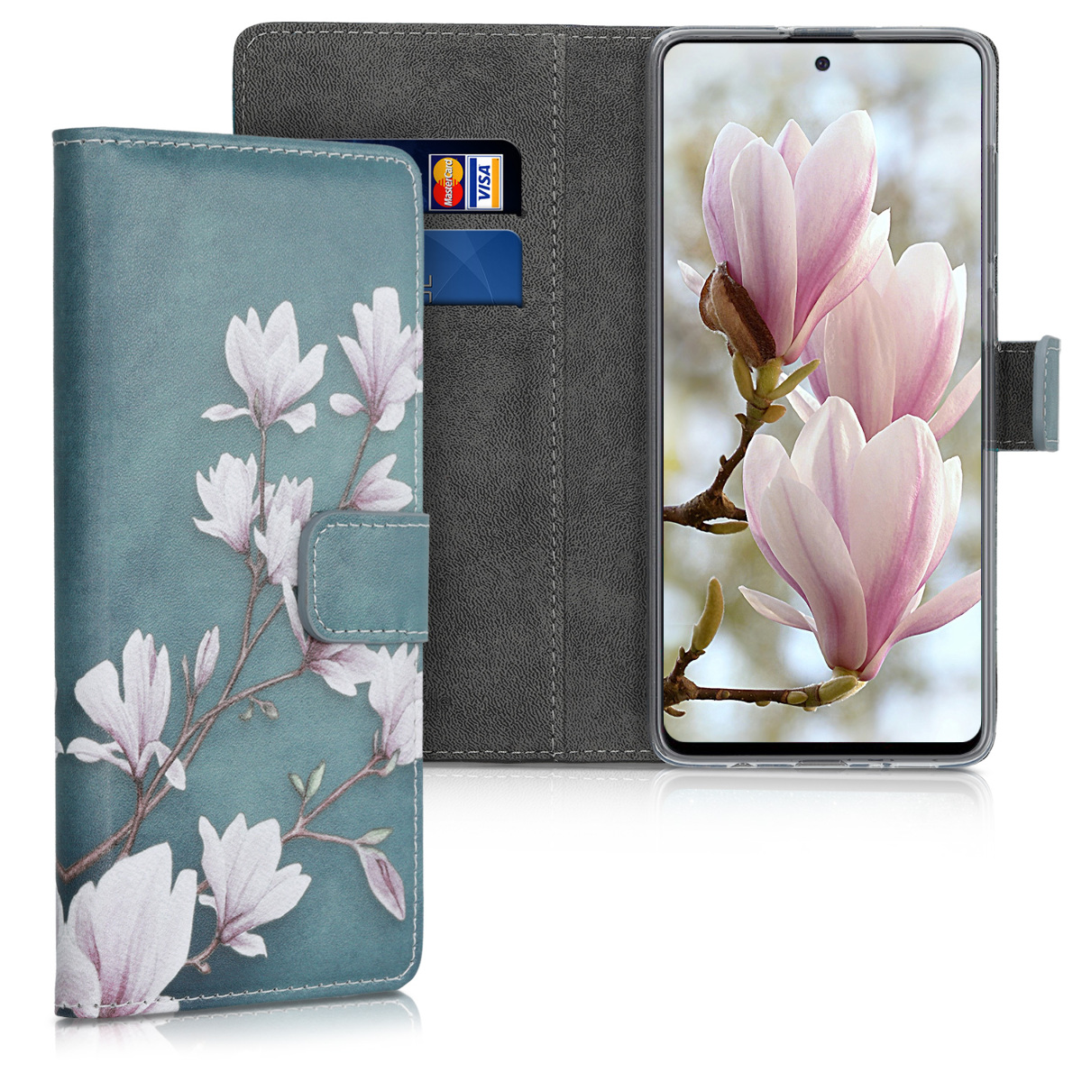 KW Θήκη - Πορτοφόλι Samsung Galaxy A71 - PU Leather Protective Flip Cover - Magnolias - Taupe / White / Blue Grey