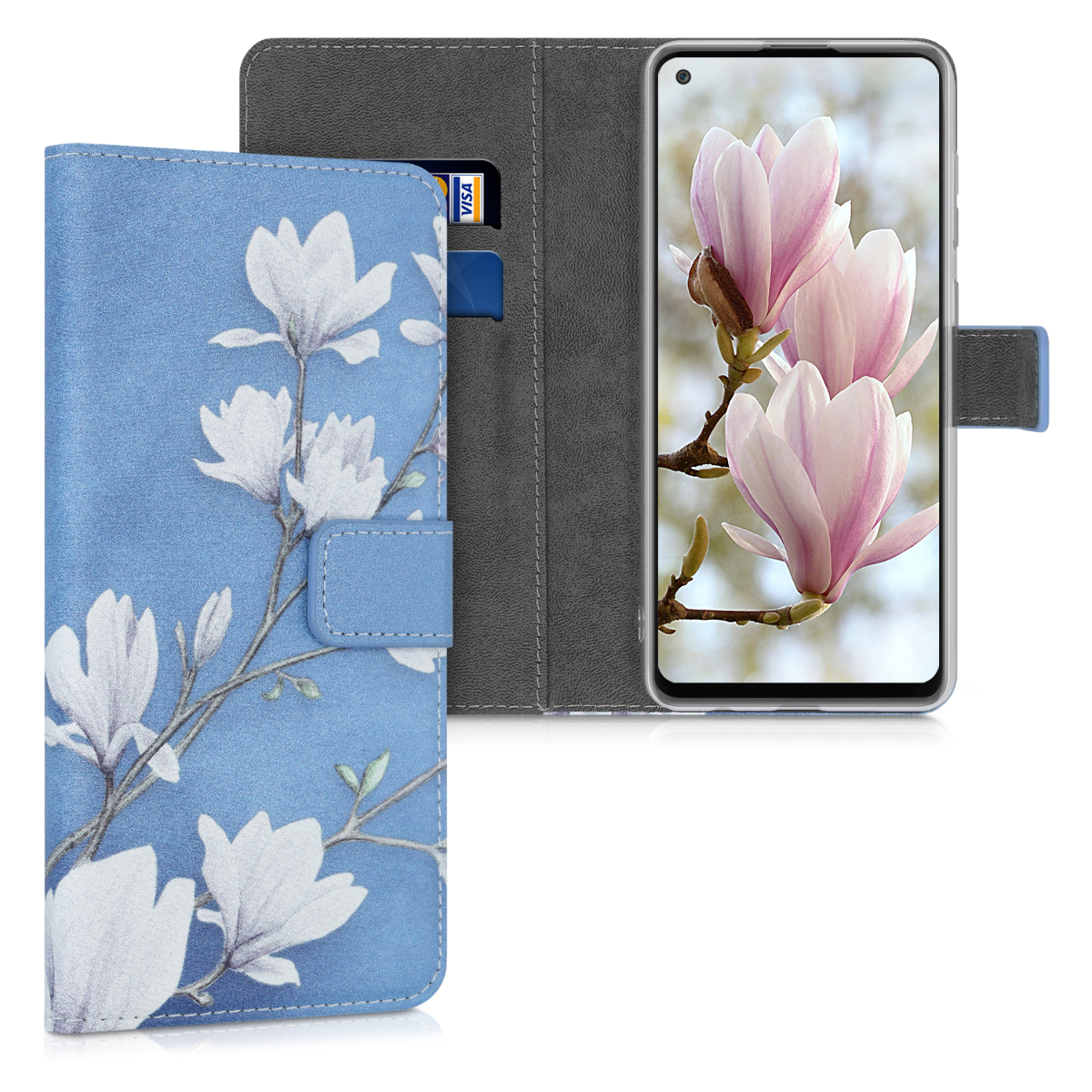 KW Θήκη Πορτοφόλι Samsung Galaxy A21s - Magnolias Taupe / White / Blue Grey