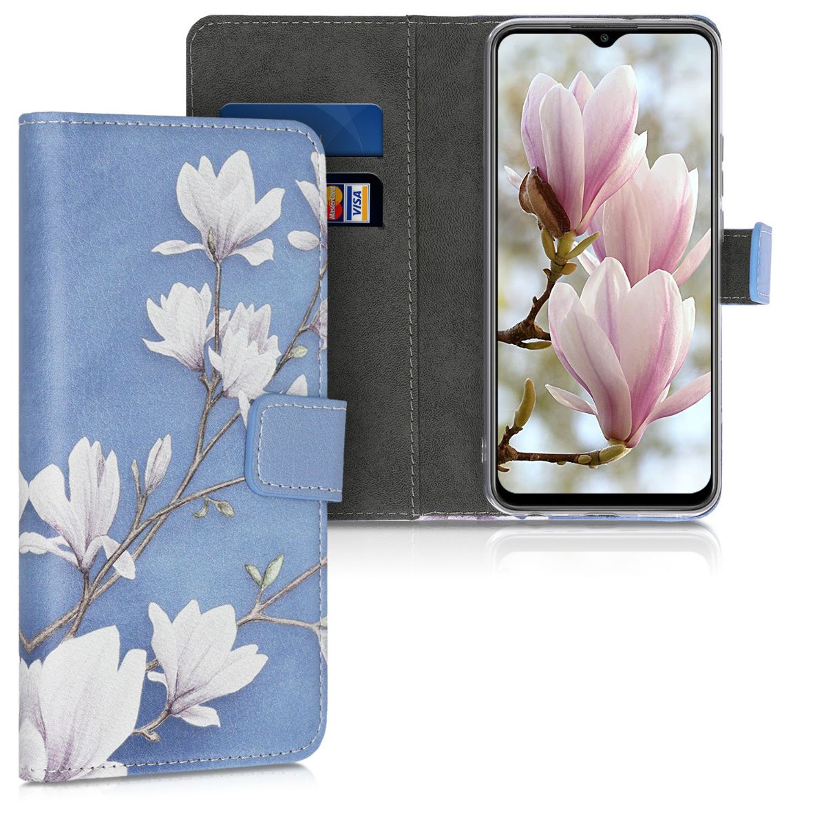 KWmobile Θήκη Πορτοφόλι Xiaomi Redmi 9 - Magnolias Taupe / White / Blue Grey