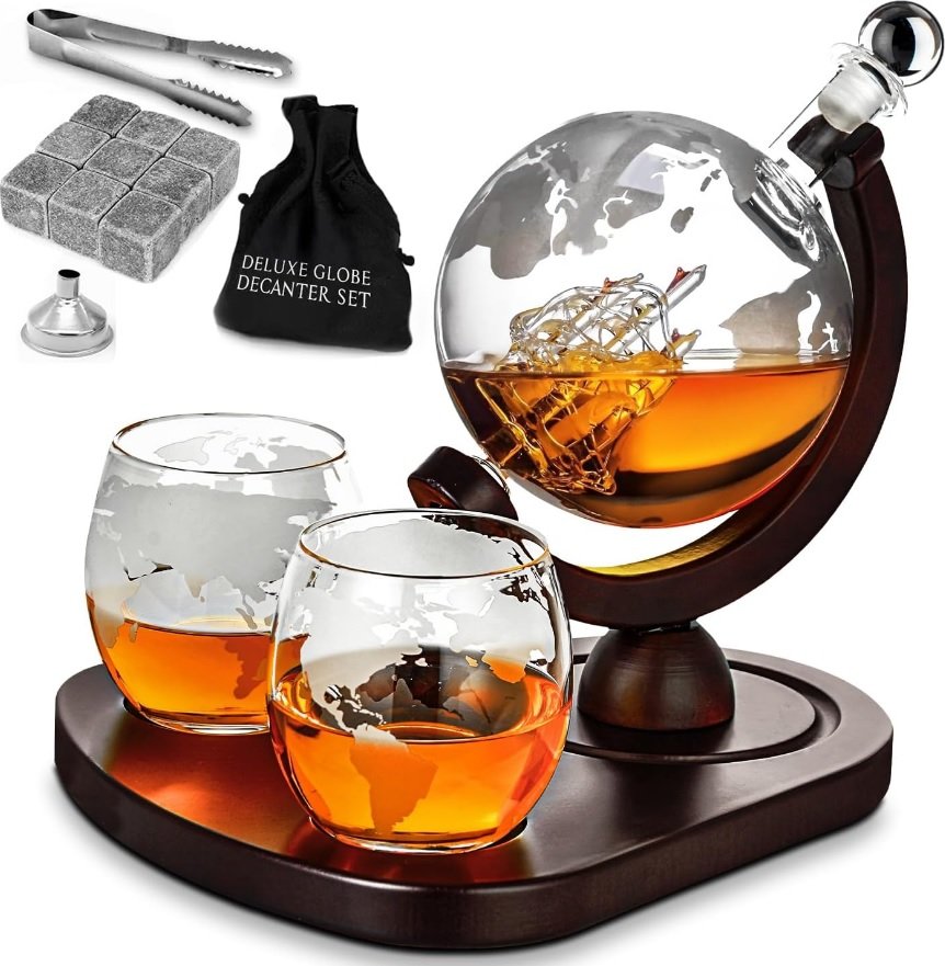 Γυάλινο Σετ Ποτού MikaMax Deluxe Globe Decanter Set σε Σχήμα Υδρογείου με 1 x Καράφα Σερβιρίσματος με Πώμα & Ξύλινη Βάση / 2 x Ποτήρια / 1 x Λαβίδα / 1 x Χωνί / 9 x Πέτρες Ουίσκι