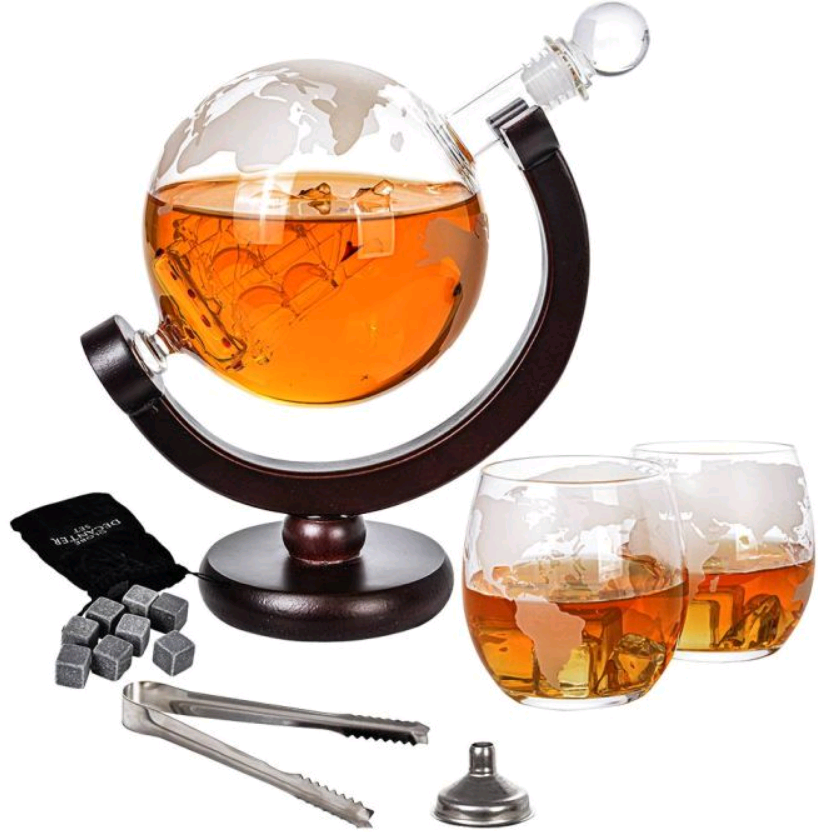 Γυάλινο Σετ Ποτού MikaMax Globe Decanter Set σε Σχήμα Υδρογείου με 1 x Καράφα Σερβιρίσματος με Πώμα / 2 x Ποτήρια / 1 x Λαβίδα / 1 x Χωνί / 9 x Πέτρες Ουίσκι