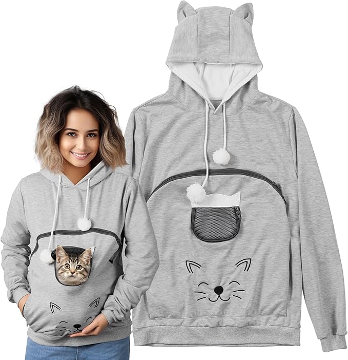 Homelevel Hoodie with Pet Pocket - Φούτερ με Μπροστινή Τσέπη Καγκουρό με Φερμουάρ για Μεταφορά Κατοικίδιων & Κουκούλα με Αυτιά - Large - Grey
