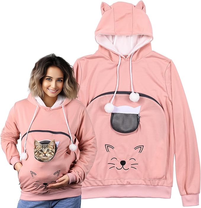 Homelevel Hoodie with Pet Pocket - Φούτερ με Μπροστινή Τσέπη Καγκουρό με Φερμουάρ για Μεταφορά Κατοικίδιων & Κουκούλα με Αυτιά - Large - Pink
