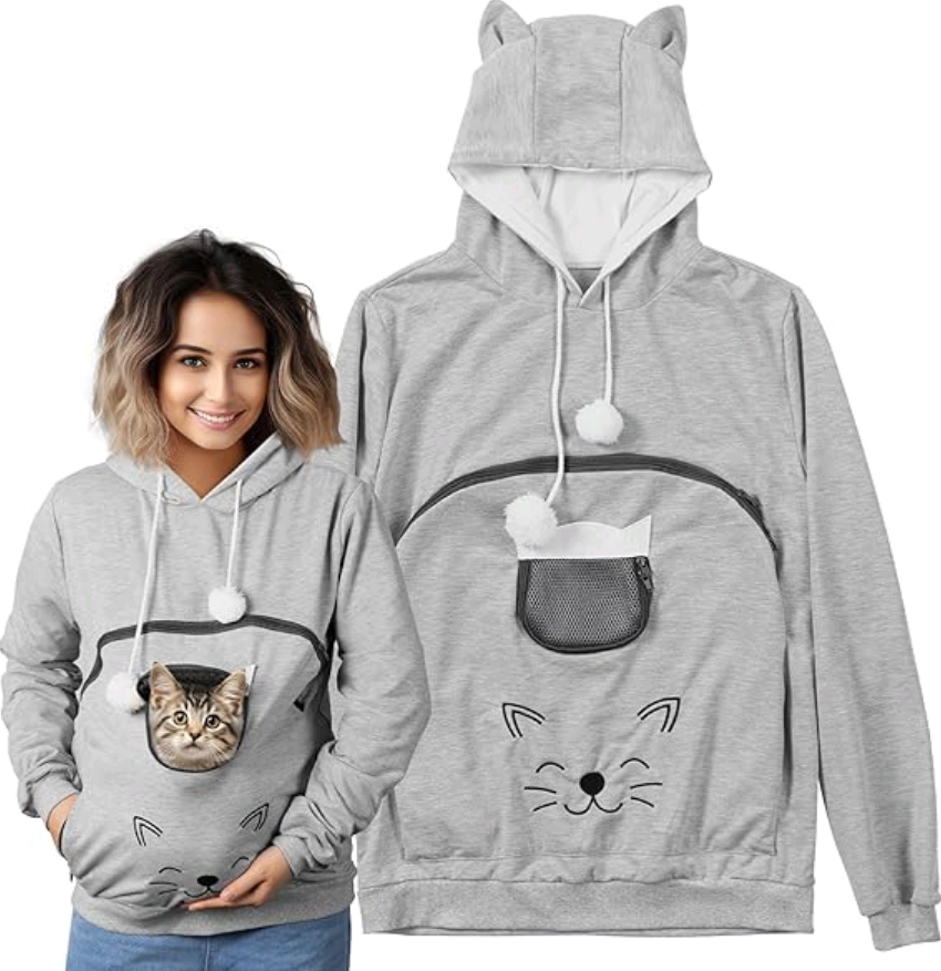 Homelevel Hoodies with Pet Pocket - Φούτερ με Μπροστινή Τσέπη Καγκουρό με Φερμουάρ για Μεταφορά Κατοικίδιων & Κουκούλα με Αυτιά - Medium - Grey