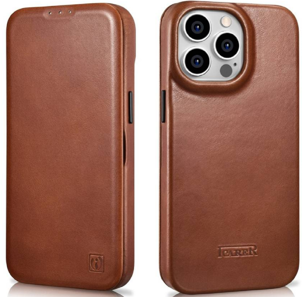 iCarer Curved Edge Oil Wax Leather Folio - Δερμάτινη Flip Θήκη-Πορτοφόλι MagSafe - Apple iPhone 14 Pro Max - Brown