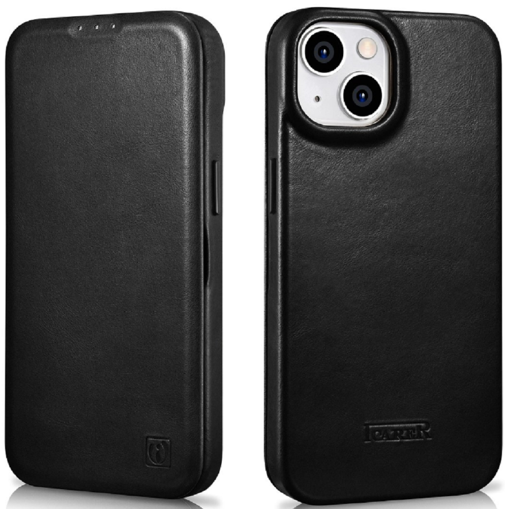iCarer Curved Edge Oil Wax Leather Folio - Δερμάτινη MagSafe Flip Θήκη-Πορτοφόλι - Apple iPhone 14 - Black