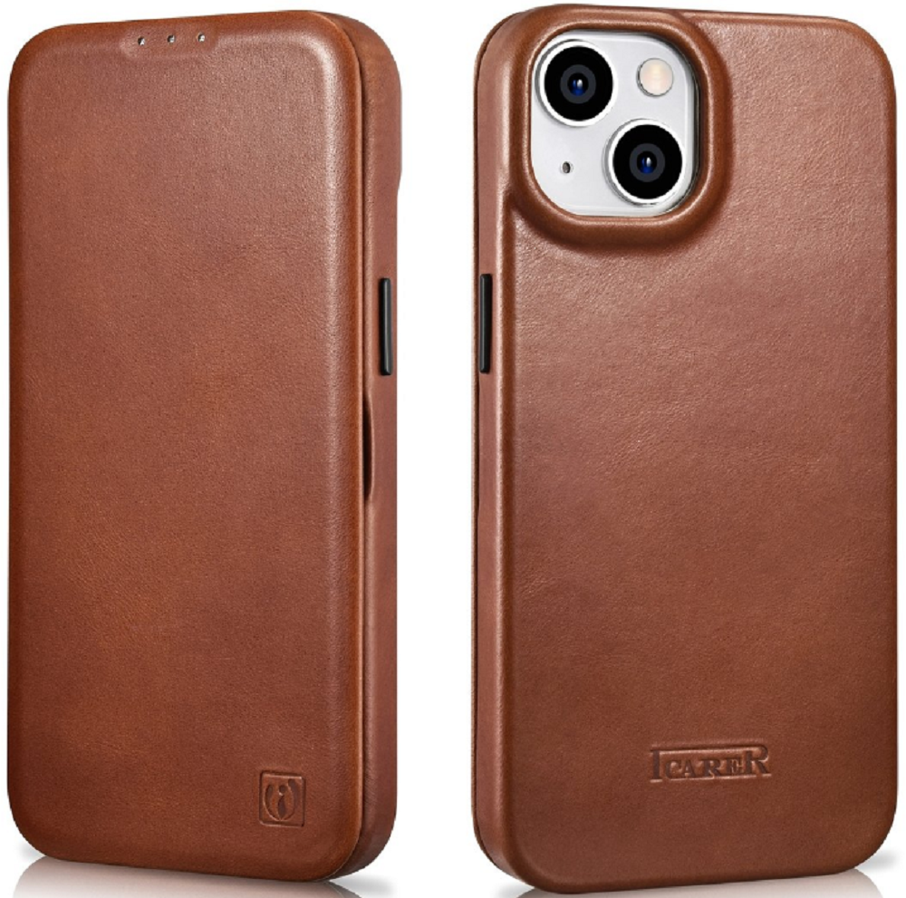 iCarer Curved Edge Oil Wax Leather Folio - Δερμάτινη MagSafe Flip Θήκη-Πορτοφόλι - Apple iPhone 14 Plus - Brown